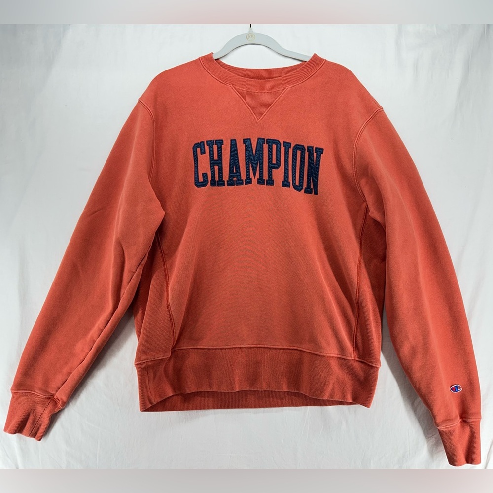 Champion Reverse Weave Orange Crewneck Sweatshirt Adult Large Spell Out